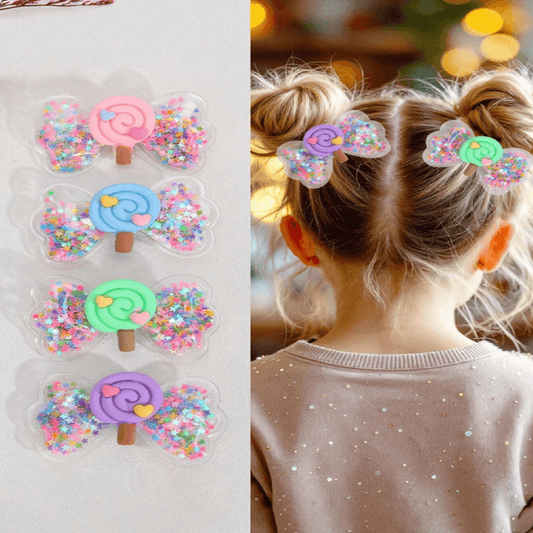 Colorful hair clips with sprinkles on a white background and a child wearing them.