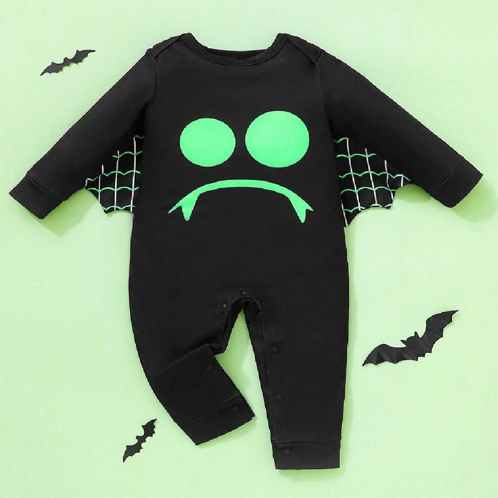 Black baby onesie with green face design on a light green background