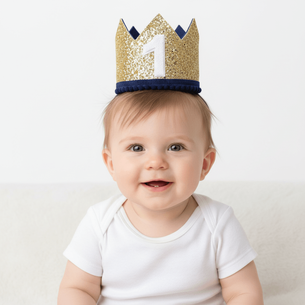 Gold glittery birthday crown with number '1' on a white background