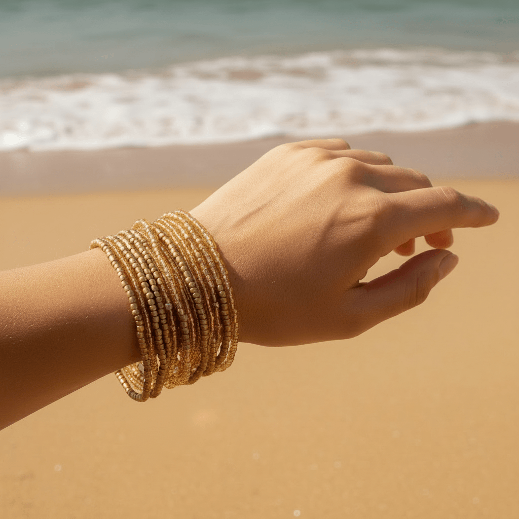 A close-up of a person's hand and wrist wearing a stack of thin gold beaded bracelets, photographed outdoors on a sandy beach with the ocean in the background.