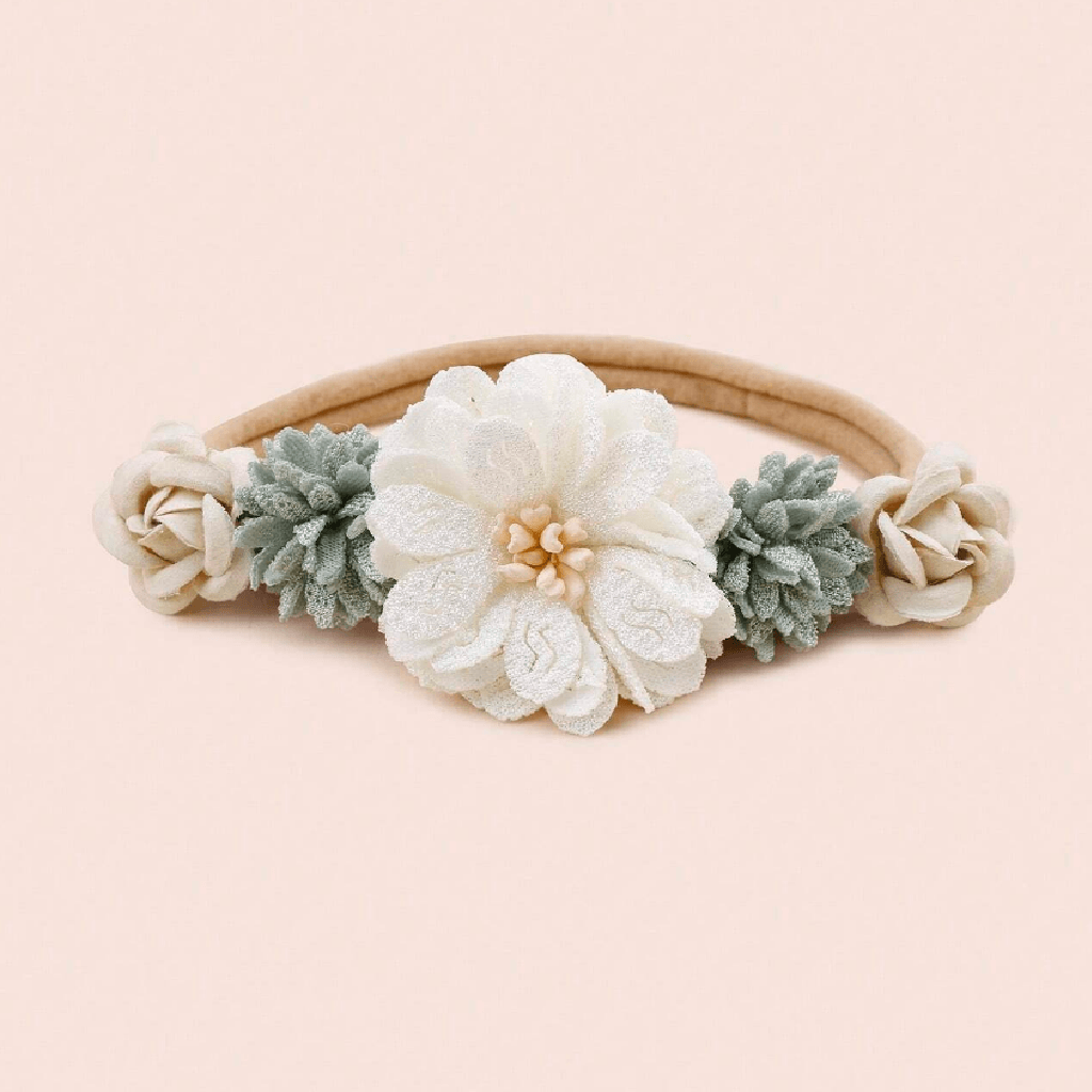 Floral headband with beige and green flowers on a light pink background