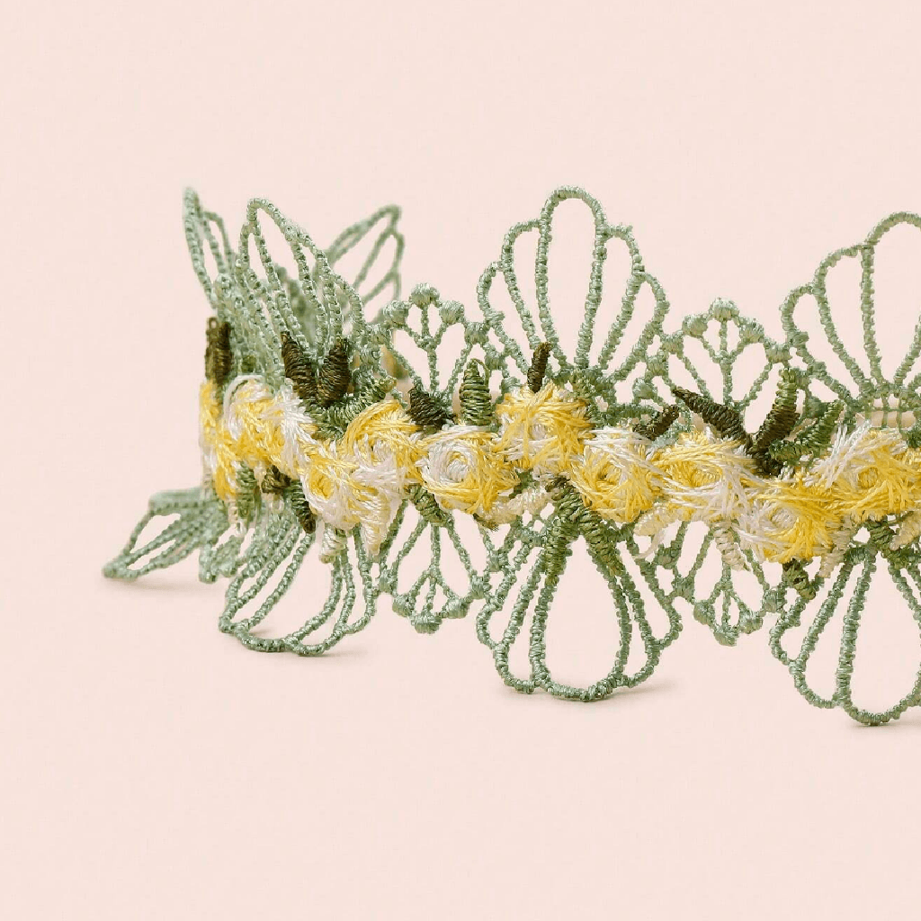 Decorative headband with green and yellow floral patterns on a light pink background