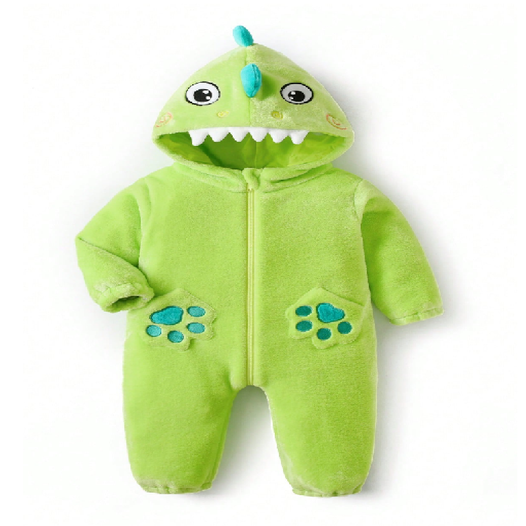 Green baby onesie with dinosaur design on a white background