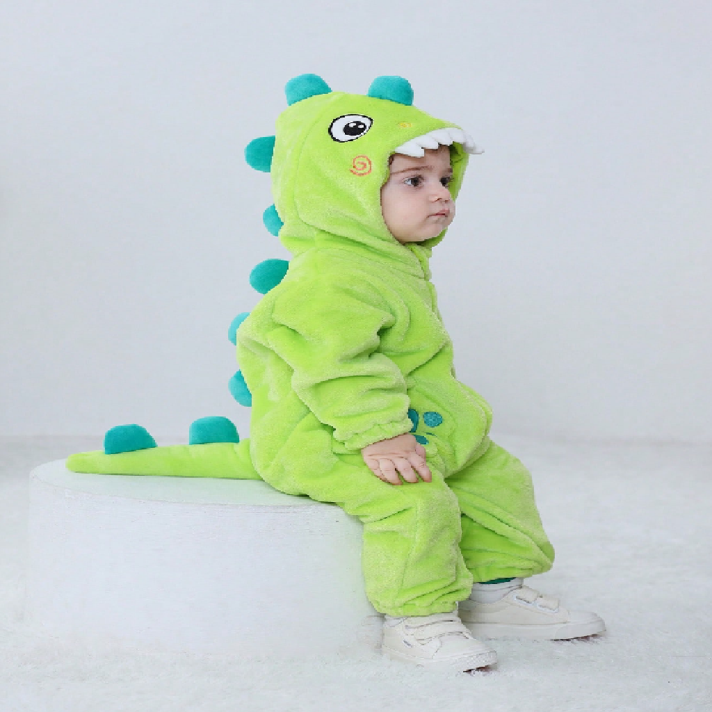 Child wearing a green dinosaur onesie on a white background