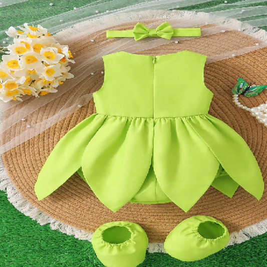 Green baby dress set with headband and shoes on a textured surface with flowers.