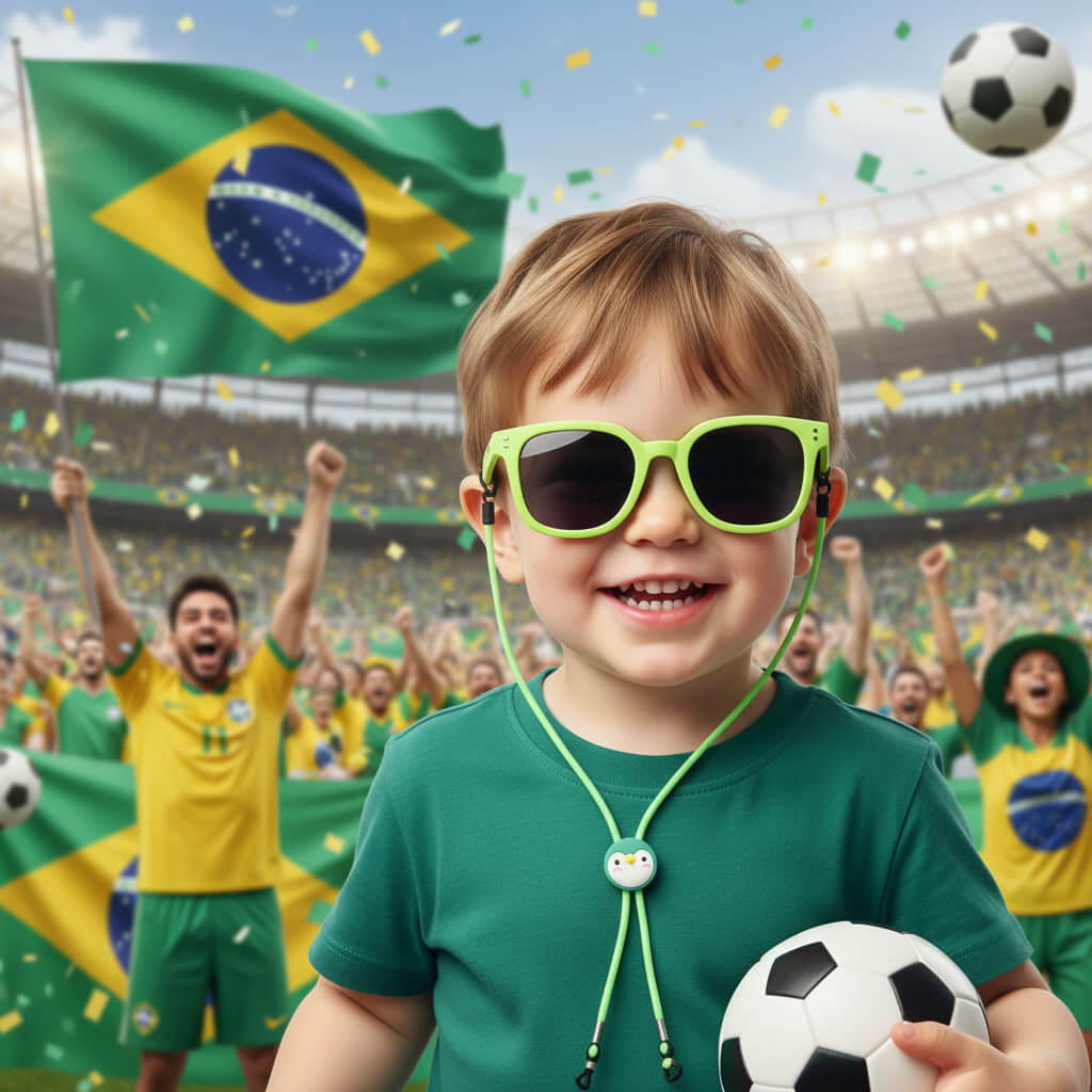 Child wearing sunglasses and holding a soccer ball with Brazilian flag and fans in the background