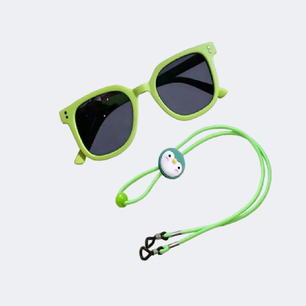 Green sunglasses with a matching lanyard on a light gray background