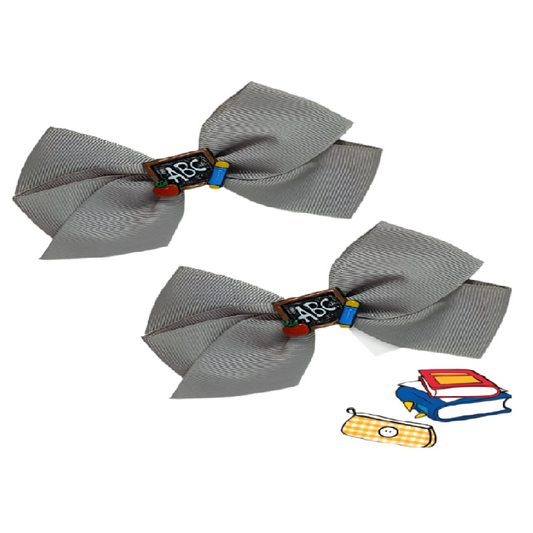 Two gray hair bows with 'ABC' and colorful accents