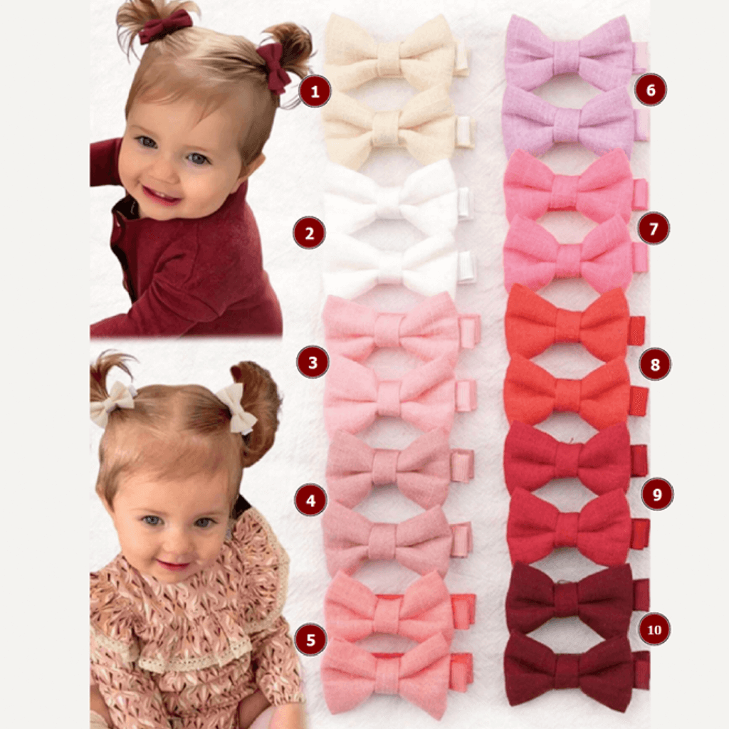 Children with styled hair and a display of colorful hair bows on a white background