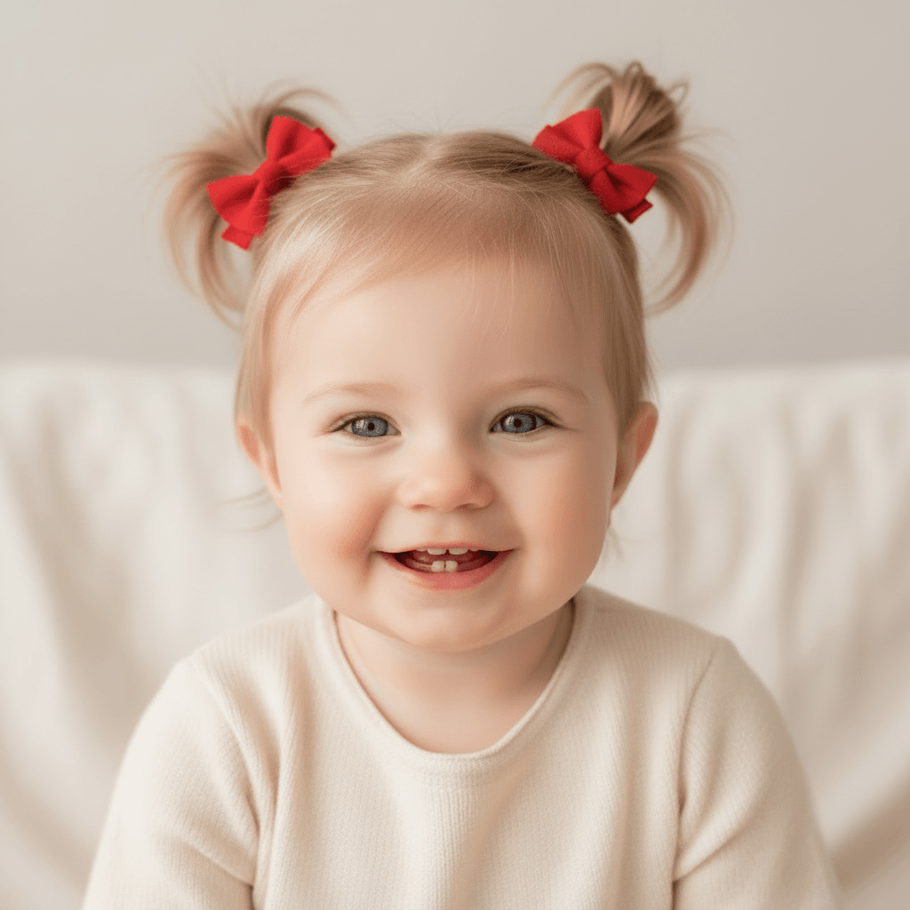 A close-up portrait of a smiling toddler with light hair styled in two small buns, each tied with a bright red bow, wearing a cream ribbed long-sleeve top against a soft neutral background.