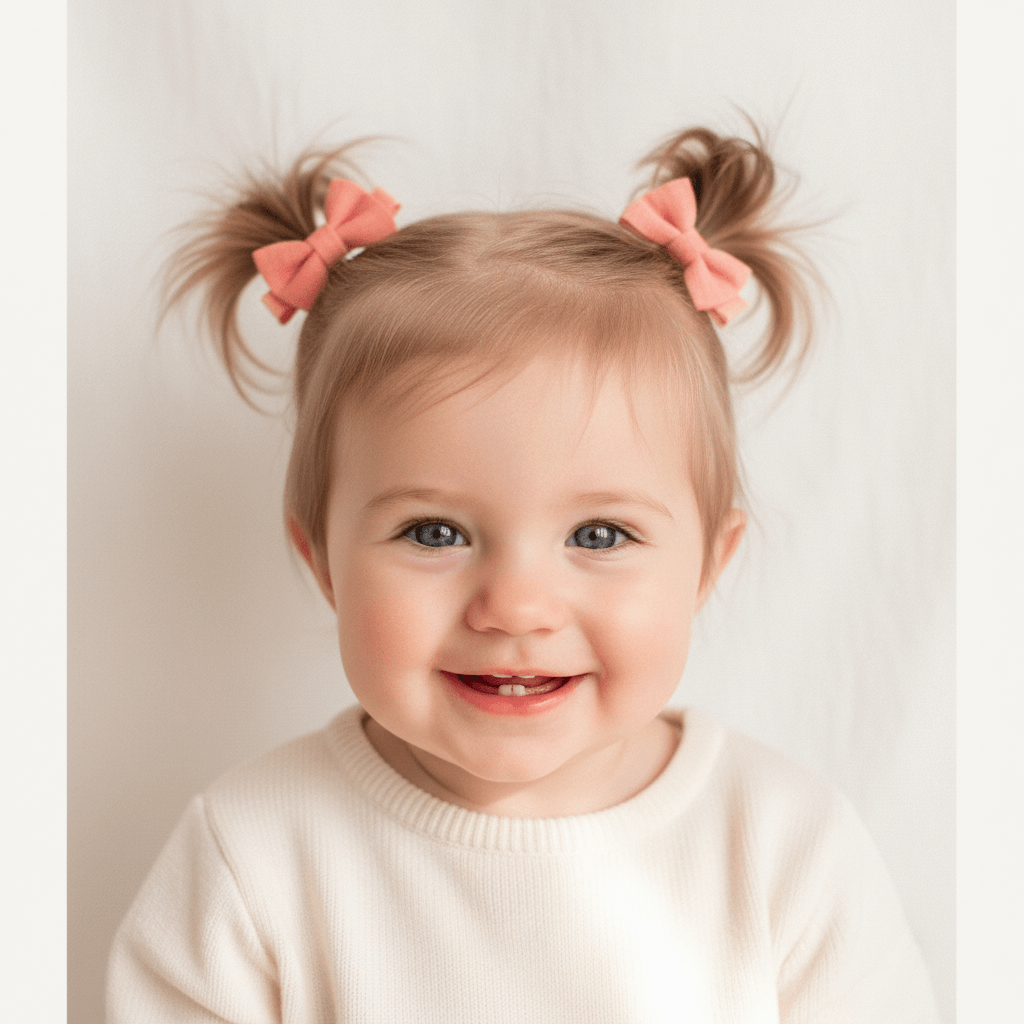 A close-up portrait of a smiling toddler with light brown hair styled in two small pigtails, each tied with a pink bow, wearing a cream-colored knit sweater against a soft off-white background.