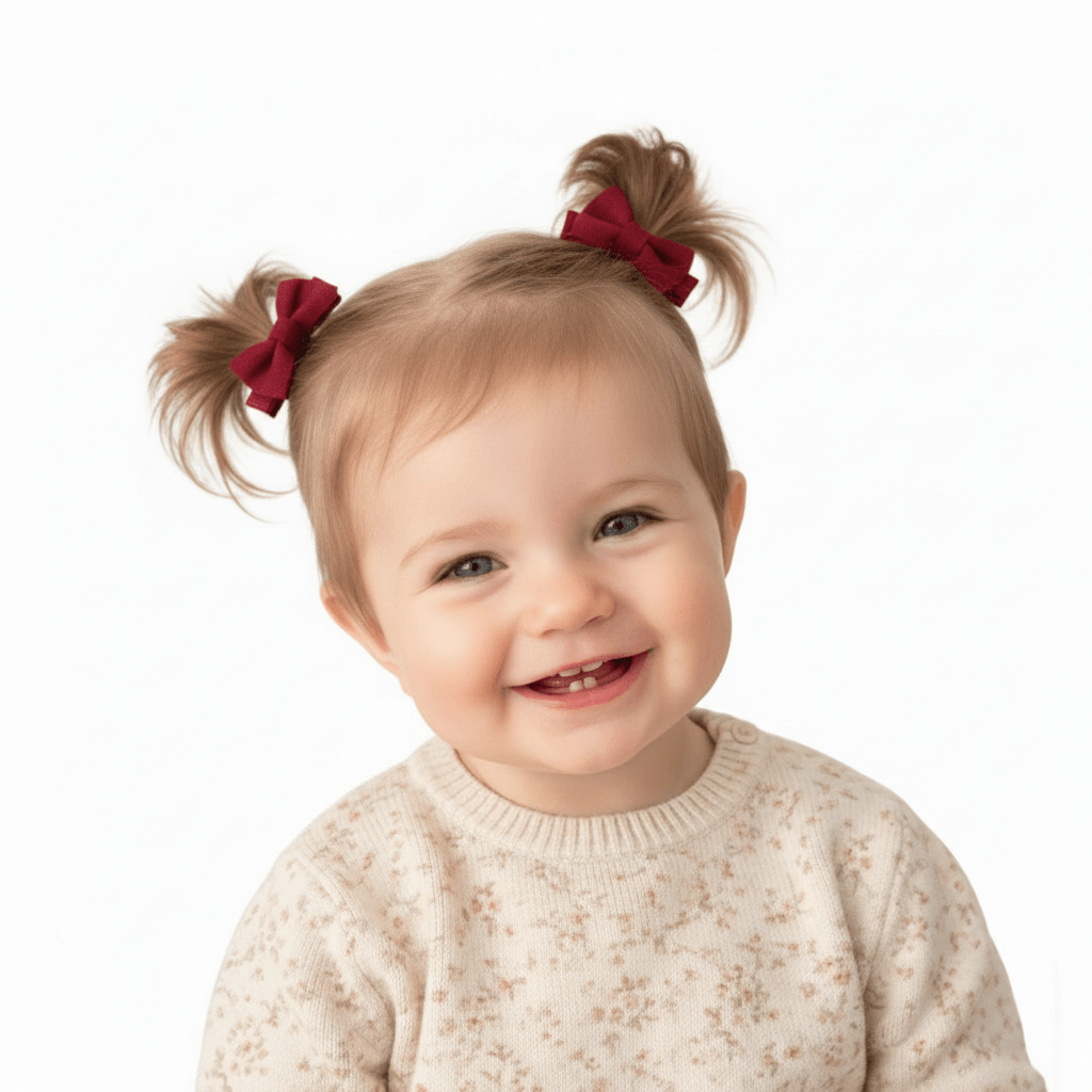A smiling toddler with light hair styled in two pigtails with red bows, wearing a cream knit sweater with a subtle floral pattern, photographed against a solid white background.