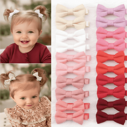 A collage showing a smiling toddler with two buns and bow hair clips on the left, and a grid of fabric bow hair clips on the right in cream, white, light pink, medium pink, coral, light pink, and dark red on a white background.