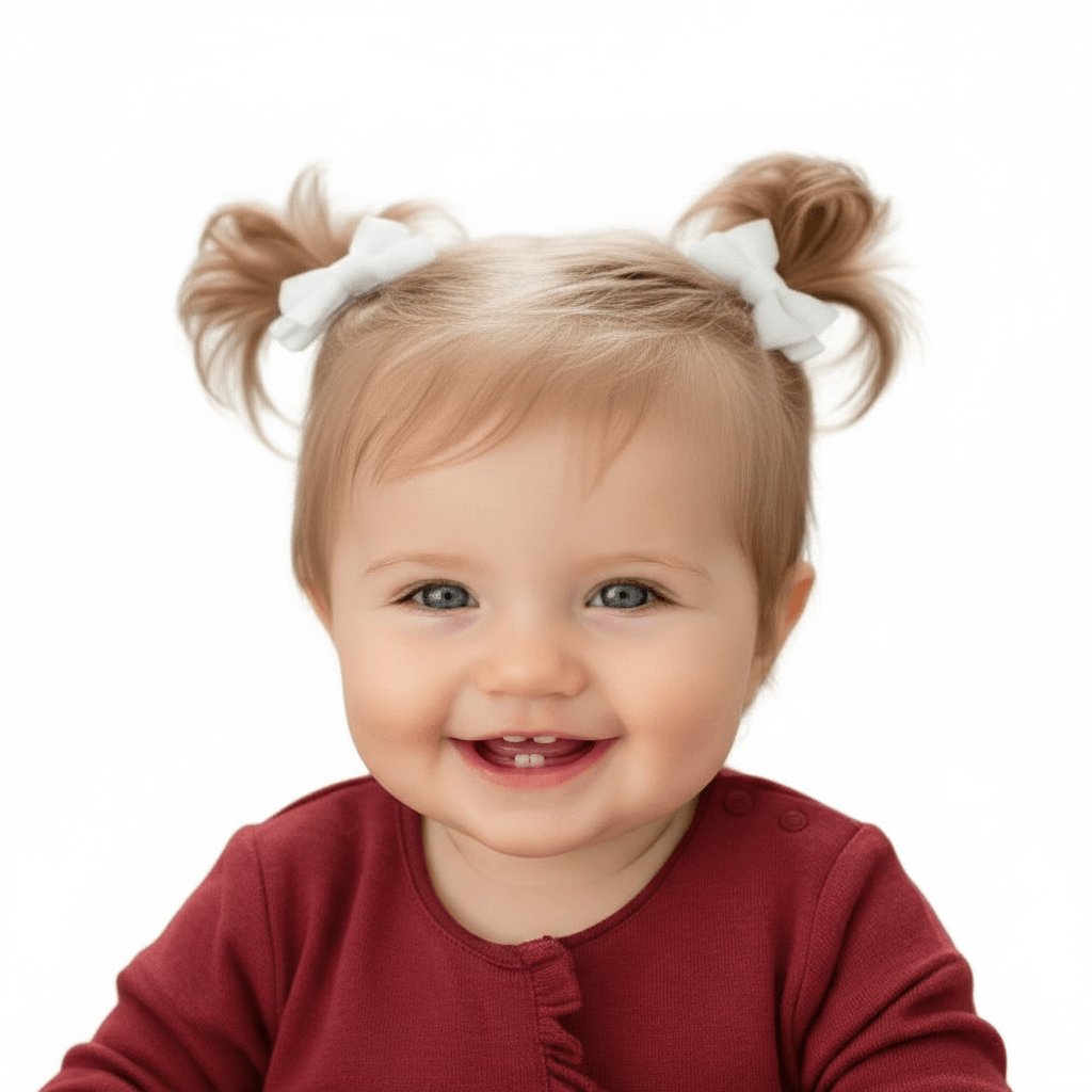 A close-up portrait of a smiling toddler with blonde hair styled in two buns tied with white bows, wearing a burgundy long-sleeve top against a plain white background.