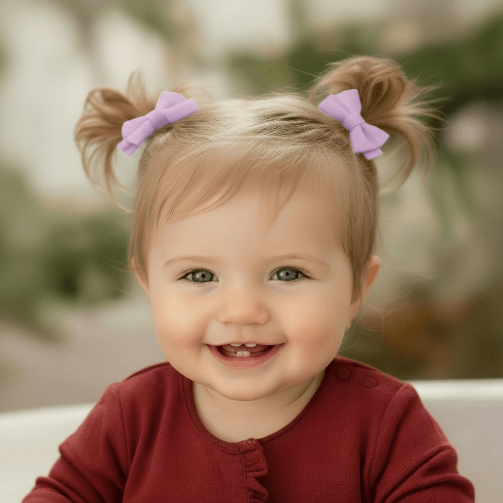 A close-up portrait of a smiling toddler with blonde hair styled in two buns, each secured with a light purple bow. The child is wearing a dark red long-sleeve top and is photographed against a softly blurred, warm-toned outdoor background.