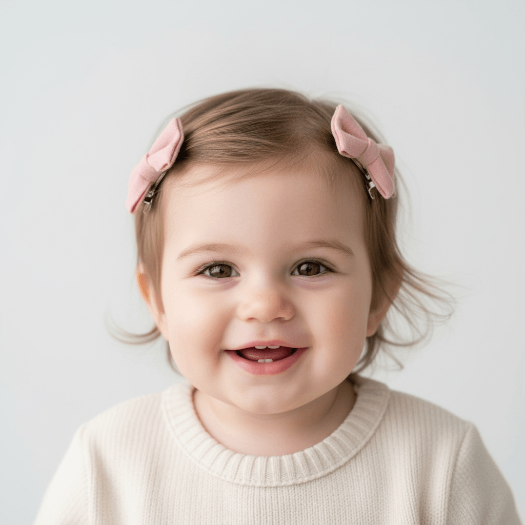 A close-up portrait of a smiling toddler with light brown hair wearing two pink bow hair clips, set against a clean, light gray background.