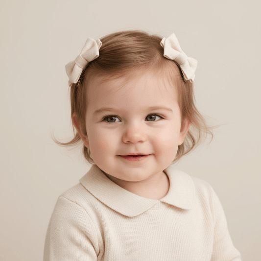 A smiling toddler with light brown hair wearing two cream bow hair clips and a cream collared top, photographed against a soft beige studio background.