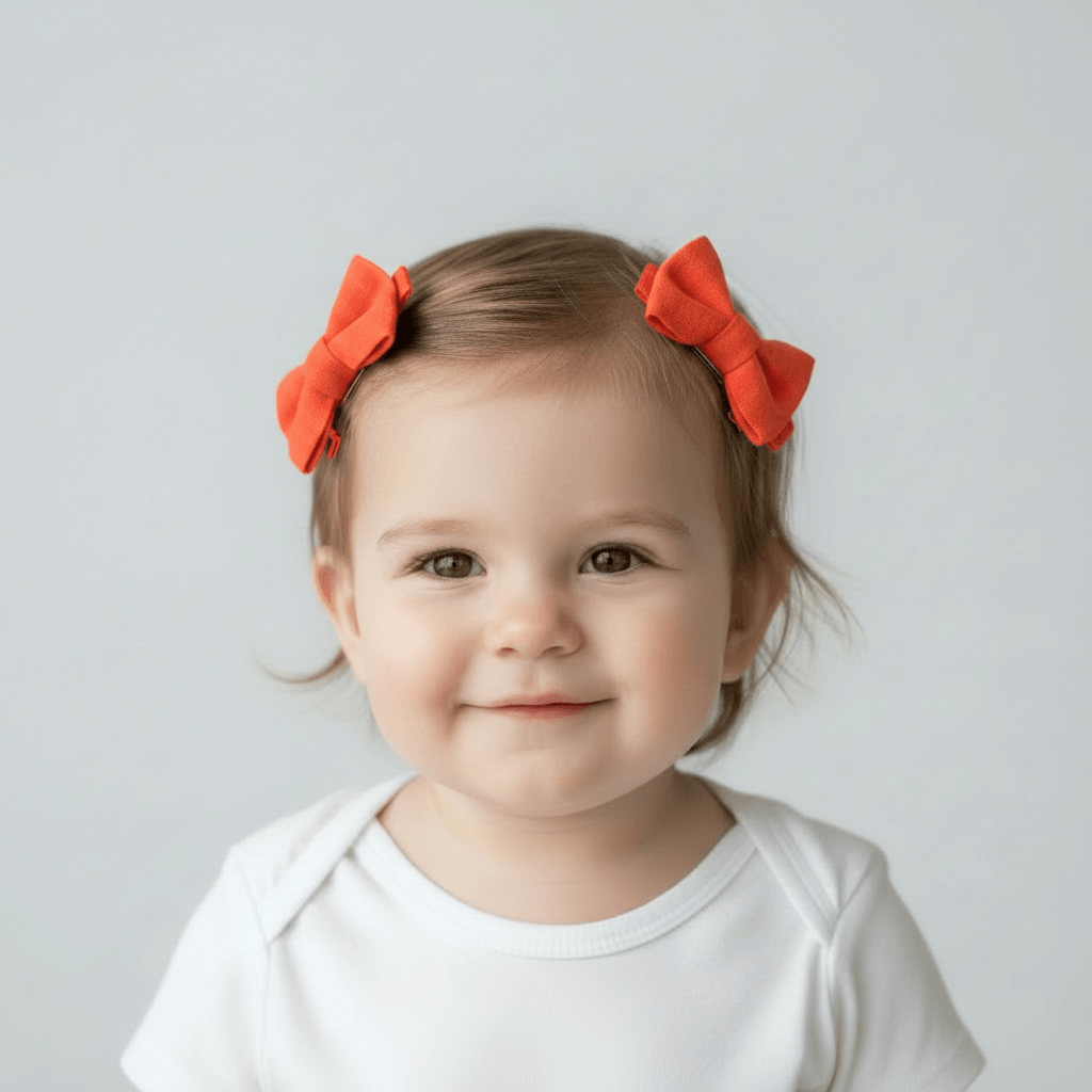 A baby girl with light brown hair wearing two bright orange bow hair clips and a white top, photographed against a solid light gray background.