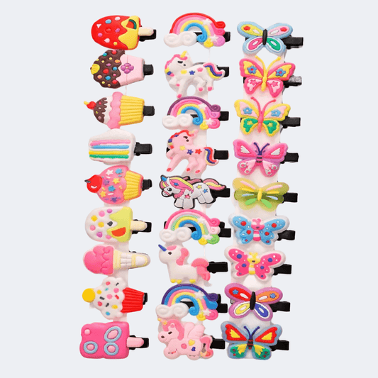 Collection of colorful children's hair clips on a white background