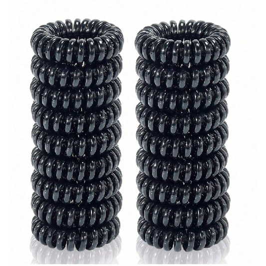 Two black coiled hair ties on a white background