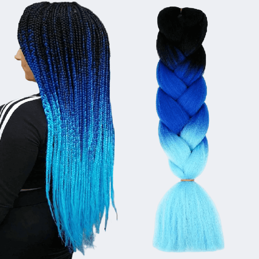 Blue and black braided hair extensions with a person wearing a black and white striped shirt.
