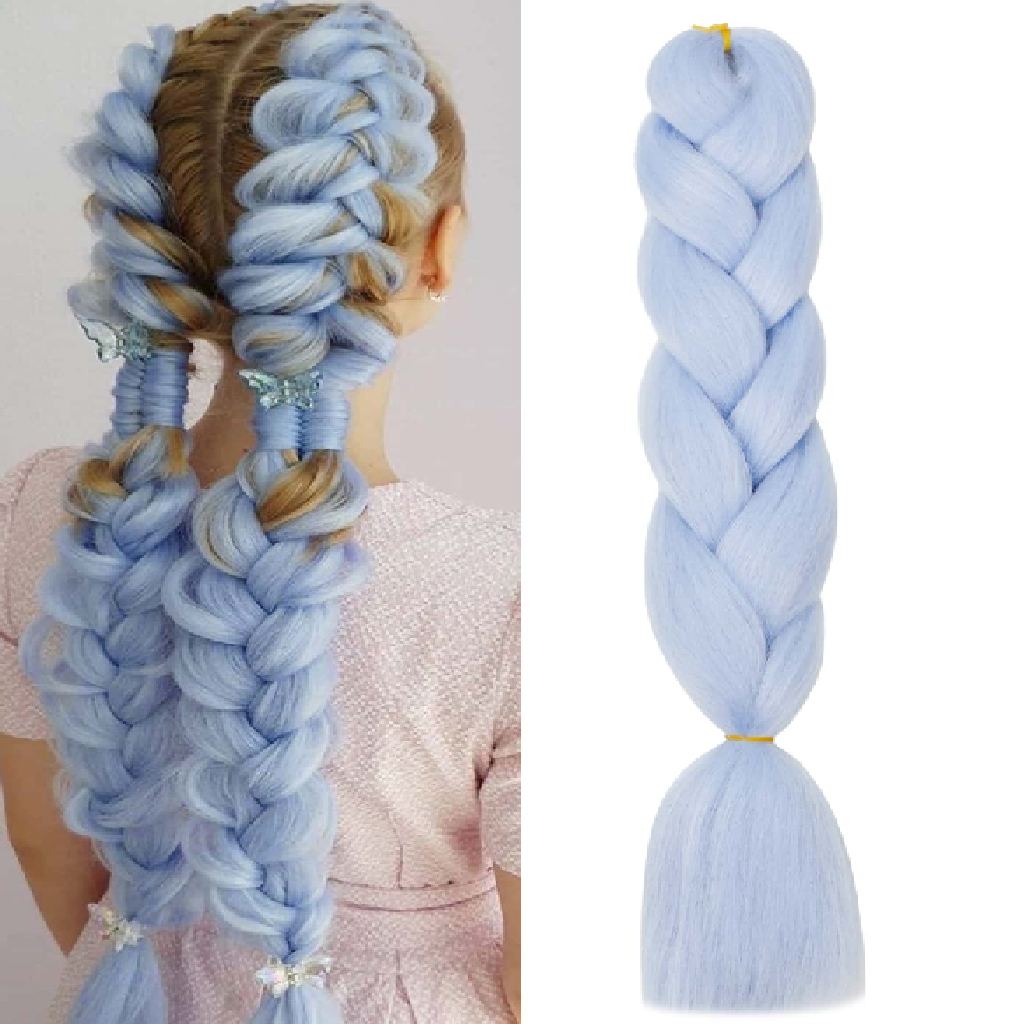 Light blue braided hair extensions on a mannequin and a separate braid against a white background.