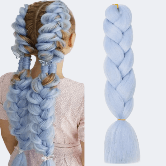 Blue braided hair extensions on a mannequin and close-up against a white background