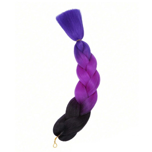 Braided hair extension with purple and black colors on a white background