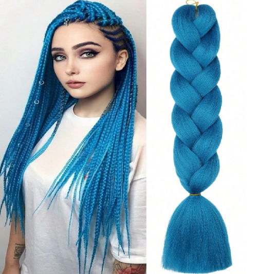 Woman with blue braided hair next to a close-up of blue braided hair extensions.