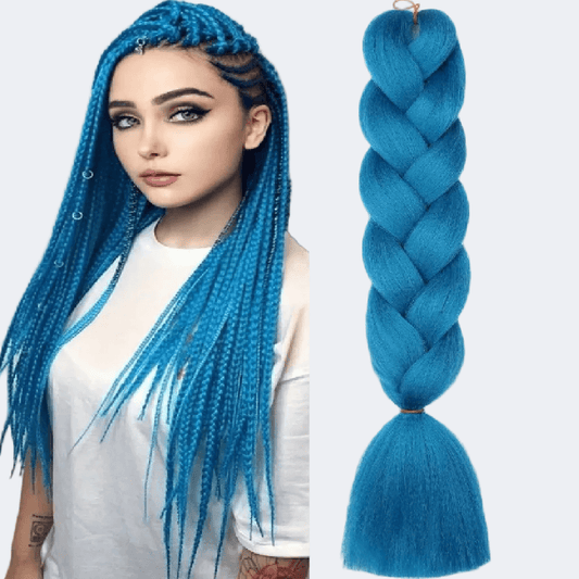 Woman with blue braided hair next to a close-up of blue braided hair extensions on a white background