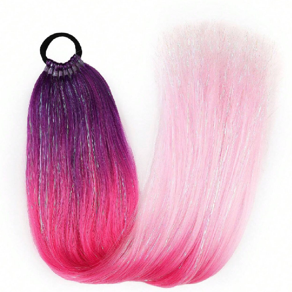 Hair extension with purple to pink gradient on a white background