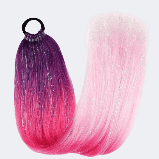 Hair extensions with purple to pink gradient on a white background