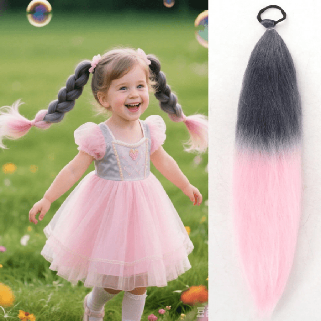 Child with braided hair in a pink dress outdoors, next to a hair extension with pink and gray color.