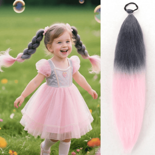 Child with braided hair in a pink dress outdoors, next to a hair extension with pink and gray color.