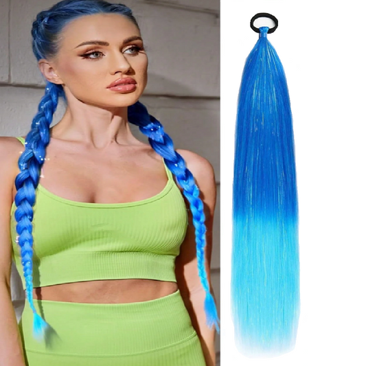 Woman with blue hair styled in pigtails next to a blue hair extension on a white background