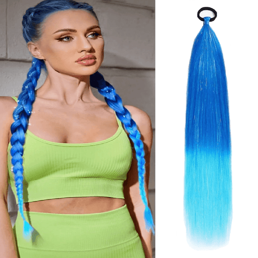 Woman with blue hair extensions and a close-up of a blue hair extension on a white background.