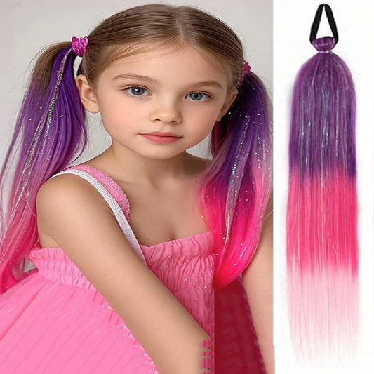 Young girl with colorful hair extensions and a close-up of a pink to purple gradient extension.