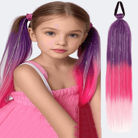 Child with pink and purple hair extensions and a close-up of the extensions on a white background