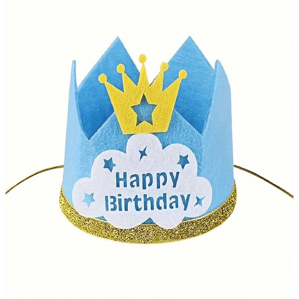 Blue birthday crown with gold accents and 'Happy Birthday' text on a white background