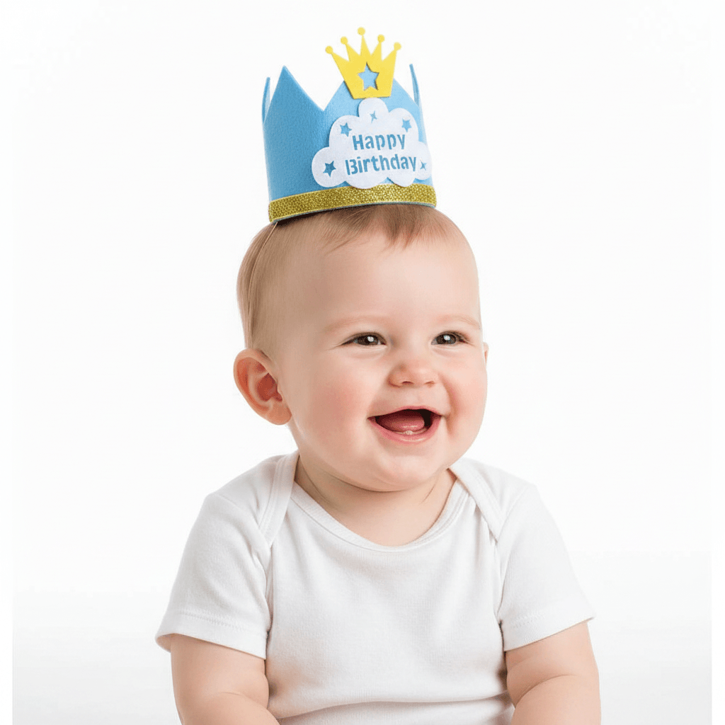 Blue birthday crown with gold accents and 'Happy Birthday' text on a white background