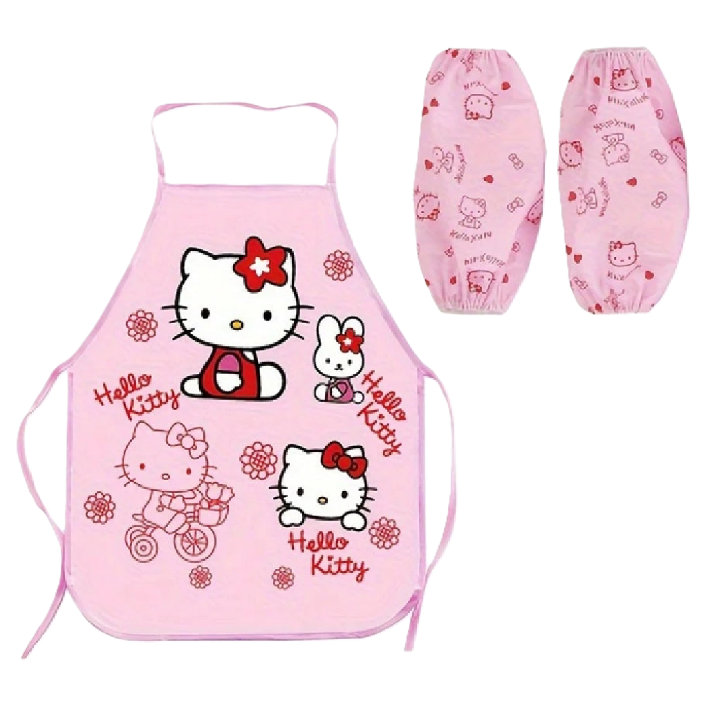 Hello Kitty apron and pot holder set on a white background