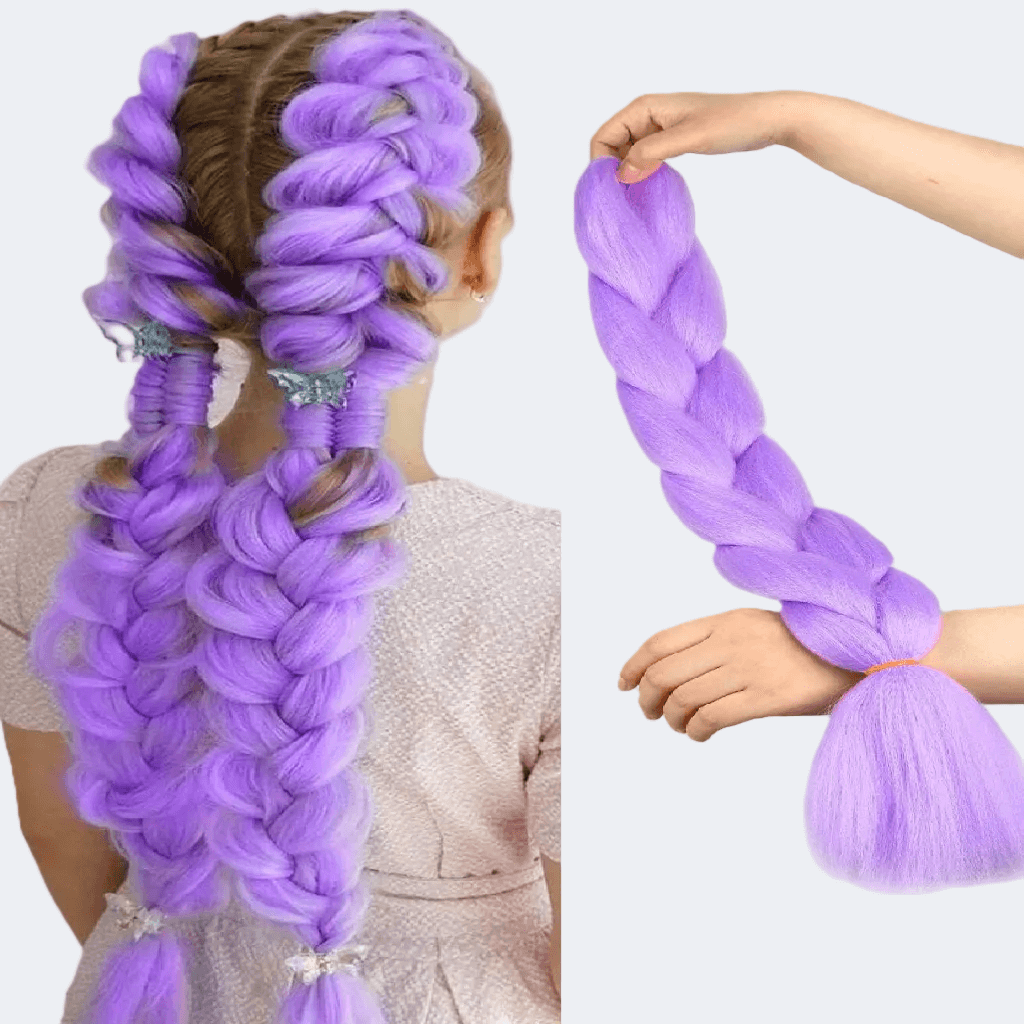 Purple braided hair extensions on a mannequin and held by a hand against a white background.