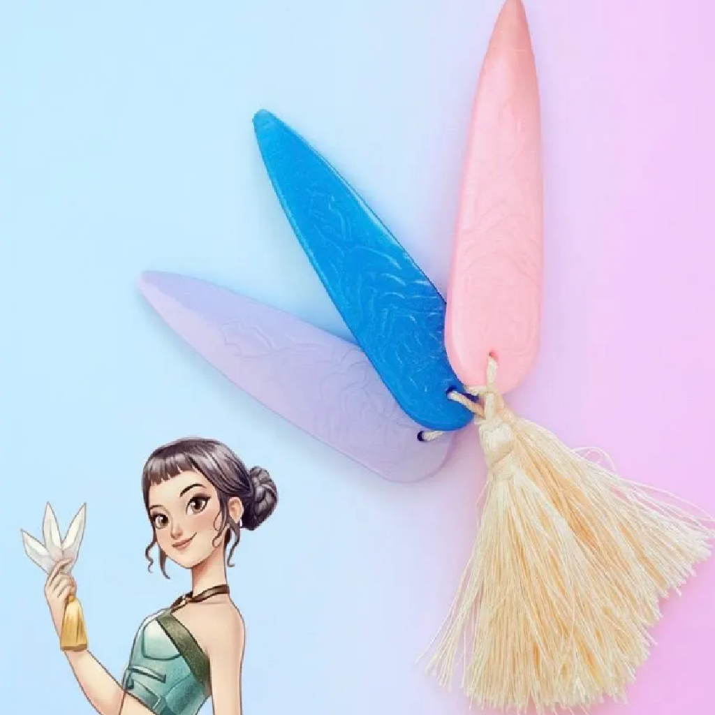 Cartoon character with colorful butterfly wings on a pastel background