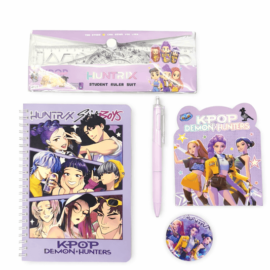 Stationery set with notebook, pen, ruler, and stickers featuring KPOP Demon Hunters design on a white background.
