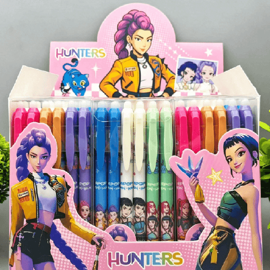Set of colorful markers with 'Hunters' branding and character illustrations on a gray background.