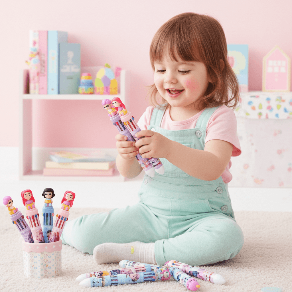 Colorful pens with cartoon characters held by a hand against a pink background