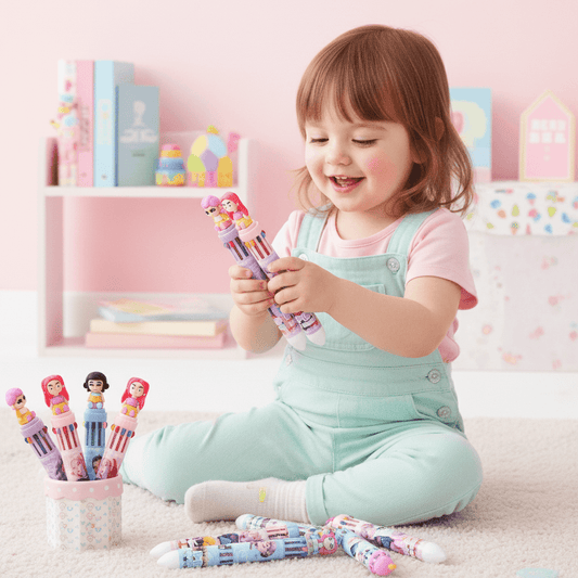 Colorful pens with cartoon characters held by a hand against a pink background