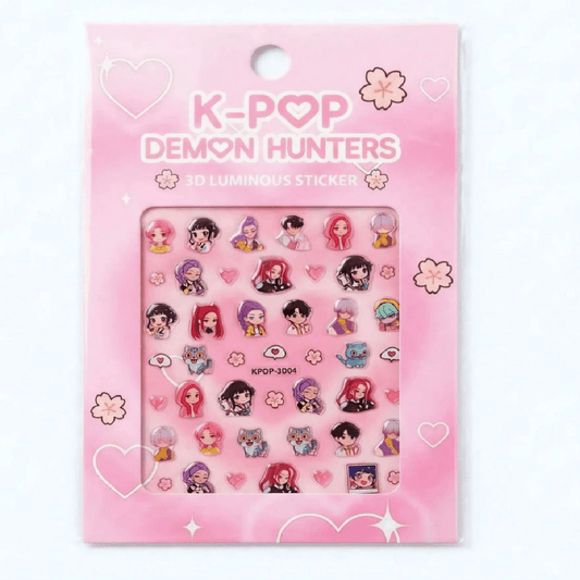 K-Pop Demon Hunters 3D luminous stickers packaging on a pink background