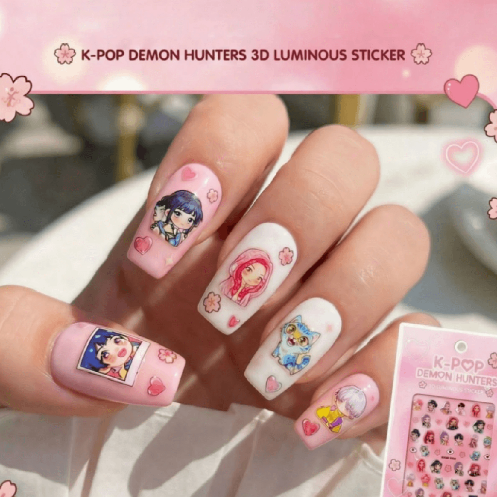 Nails with K-POP DEMON HUNTERS 3D luminous sticker design held by a hand.