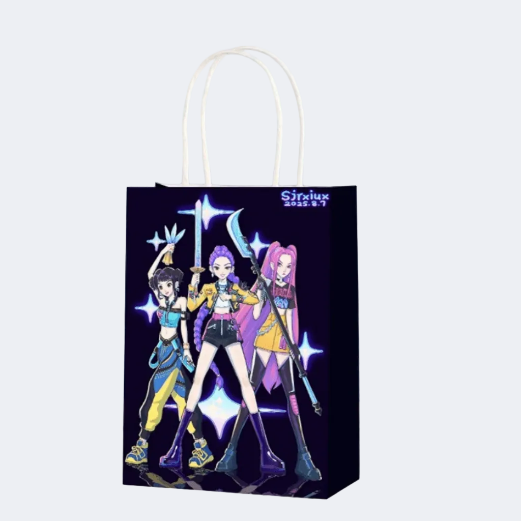 Gift bag with animated characters on a light blue background
